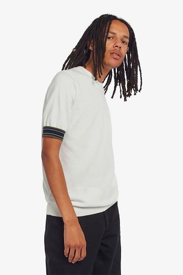 White Fred Perry Striped Cuff Knitted Men's T Shirts | PH 1770FDNM